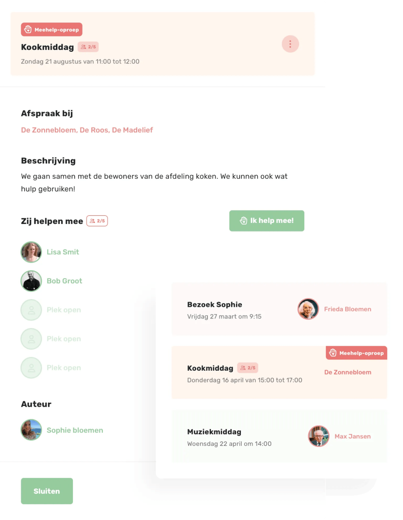 Meehelp-oproep in Familienet, met een knop om mee te helpen